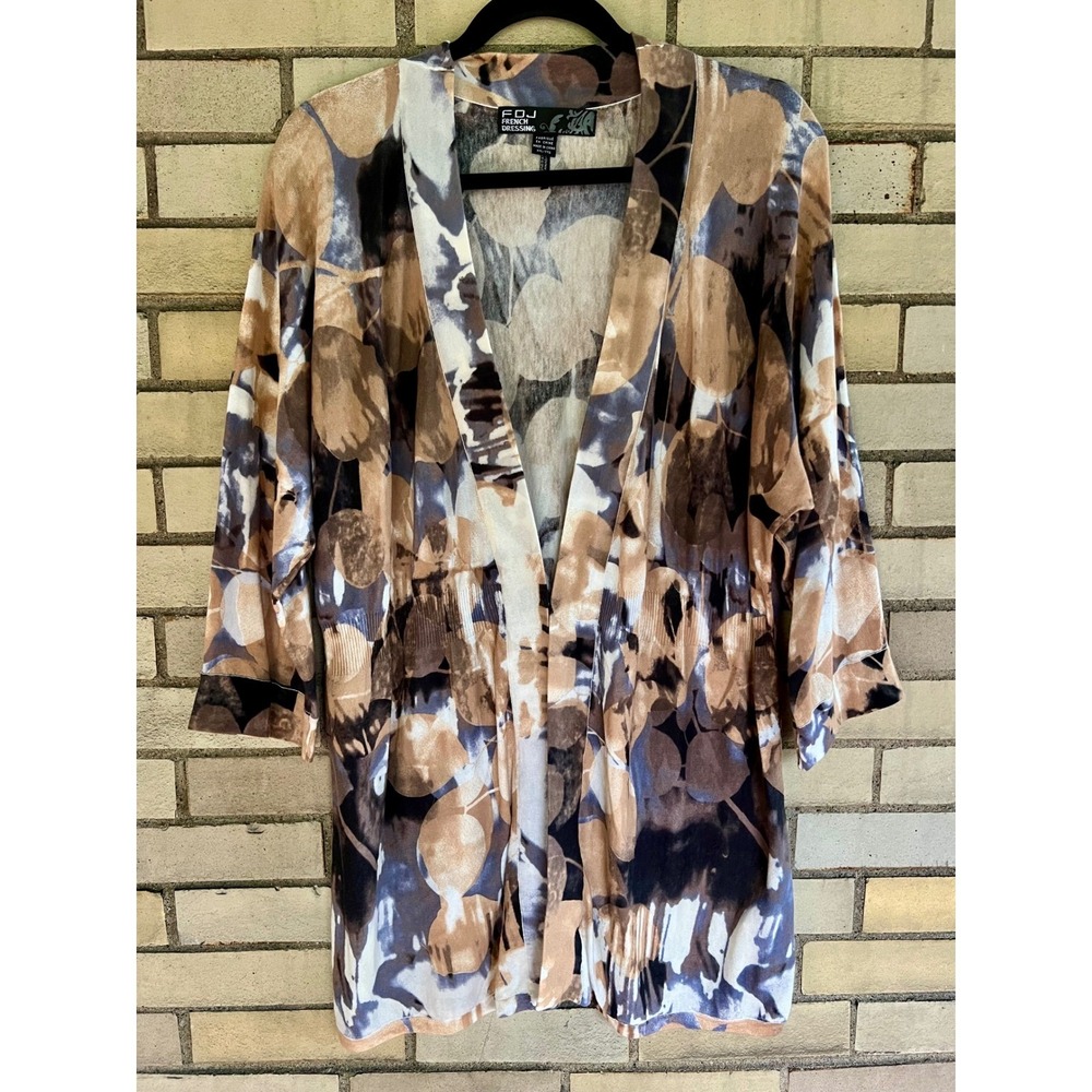 FDJ French Dressing Leaf Print Dolman Slv Cardigan Tan Blue Purple Cotton Sz XXL